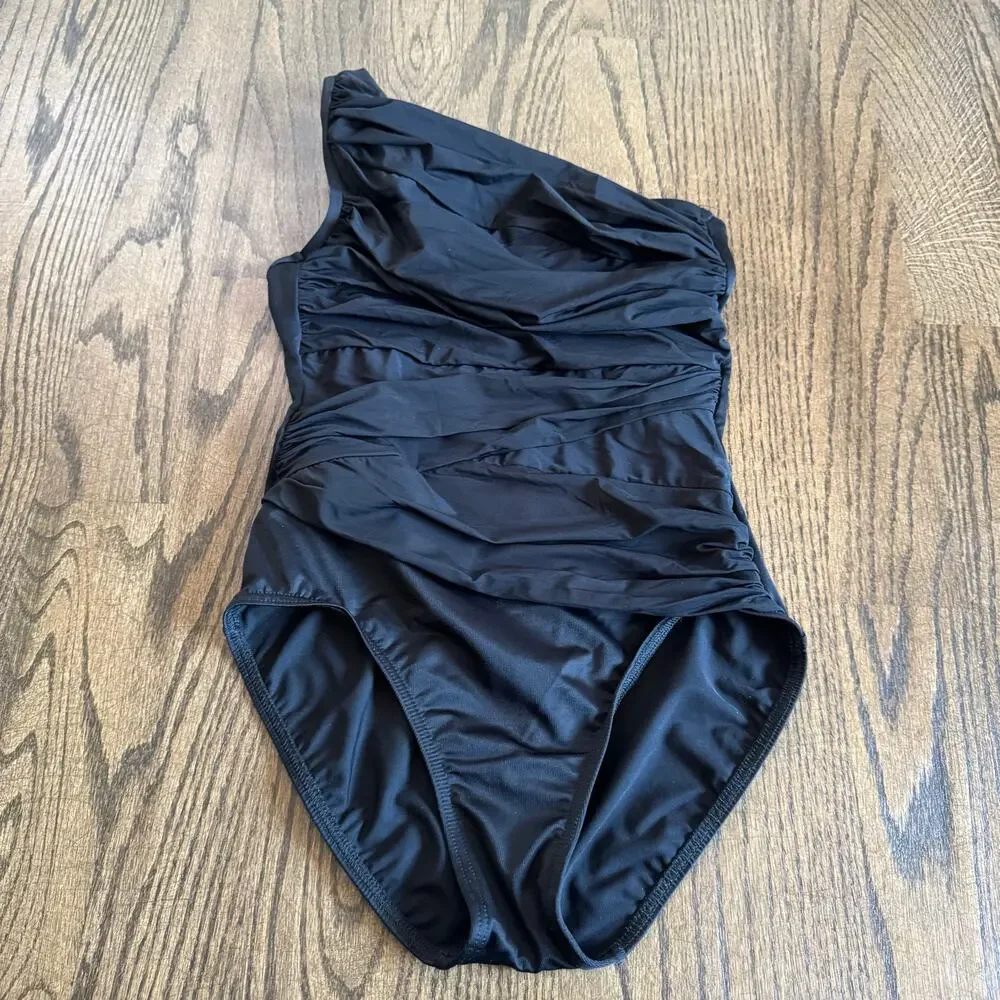 Miraclesuit Illusionist Black One Shoulder One Piece Swim Suit Womens Size 6
